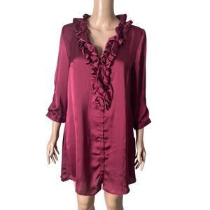 Lapis Blouse Womens Large Burgundy Red Ruffled Button Front New